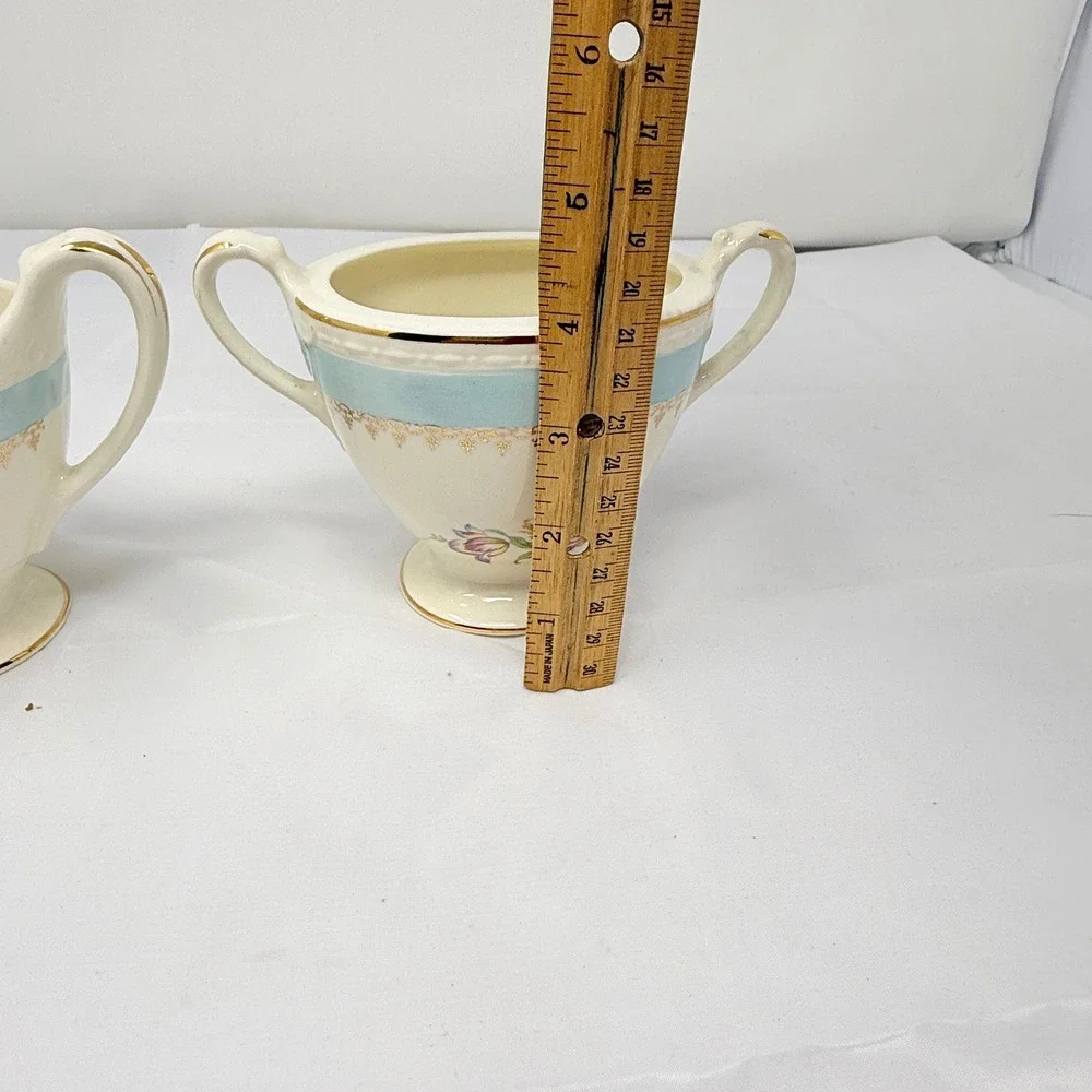 Homer Laughlin Eggshell Georgian Cream and Sugar Set Blue Gold Floral *no lid*